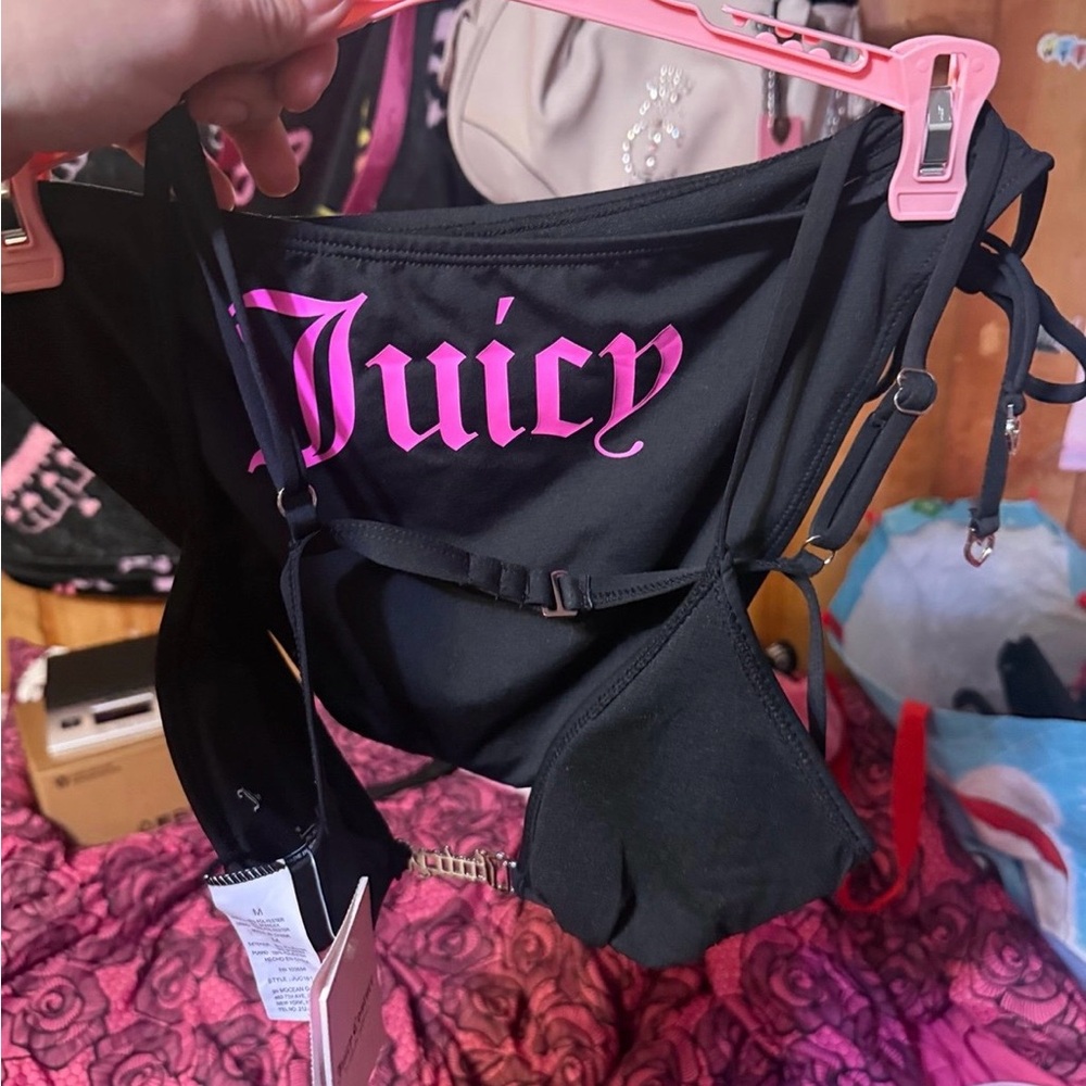 Juicy Couture Black Bikini Top with Pink Logo Print